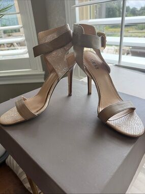 GUESS Metallic Taupe Open-Toe Strappy High Heel Sandals